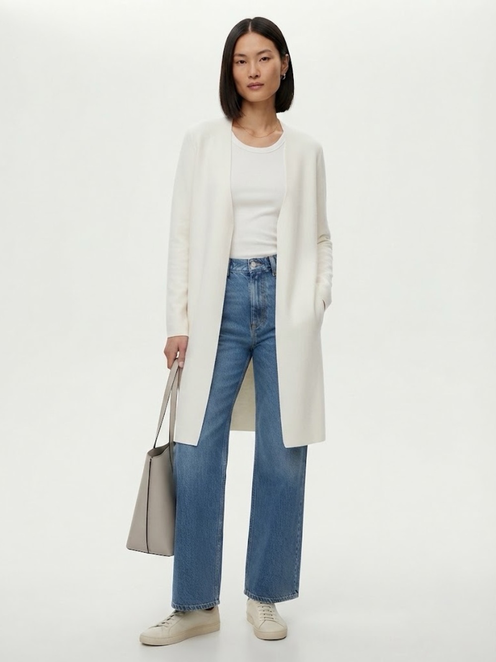 Mango Long Open-Front Cream Duster Coat